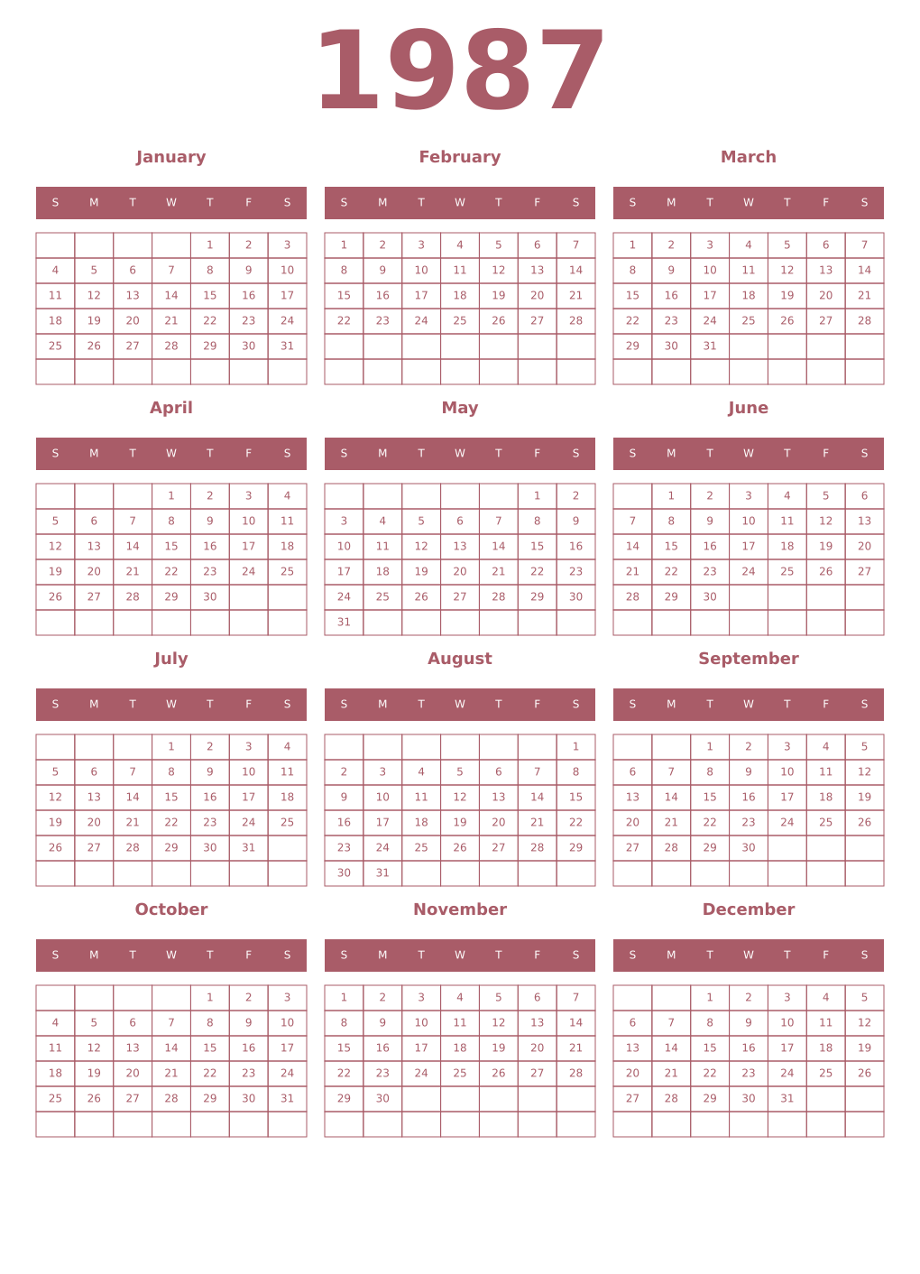 Printable 1987 Year Calendars puce