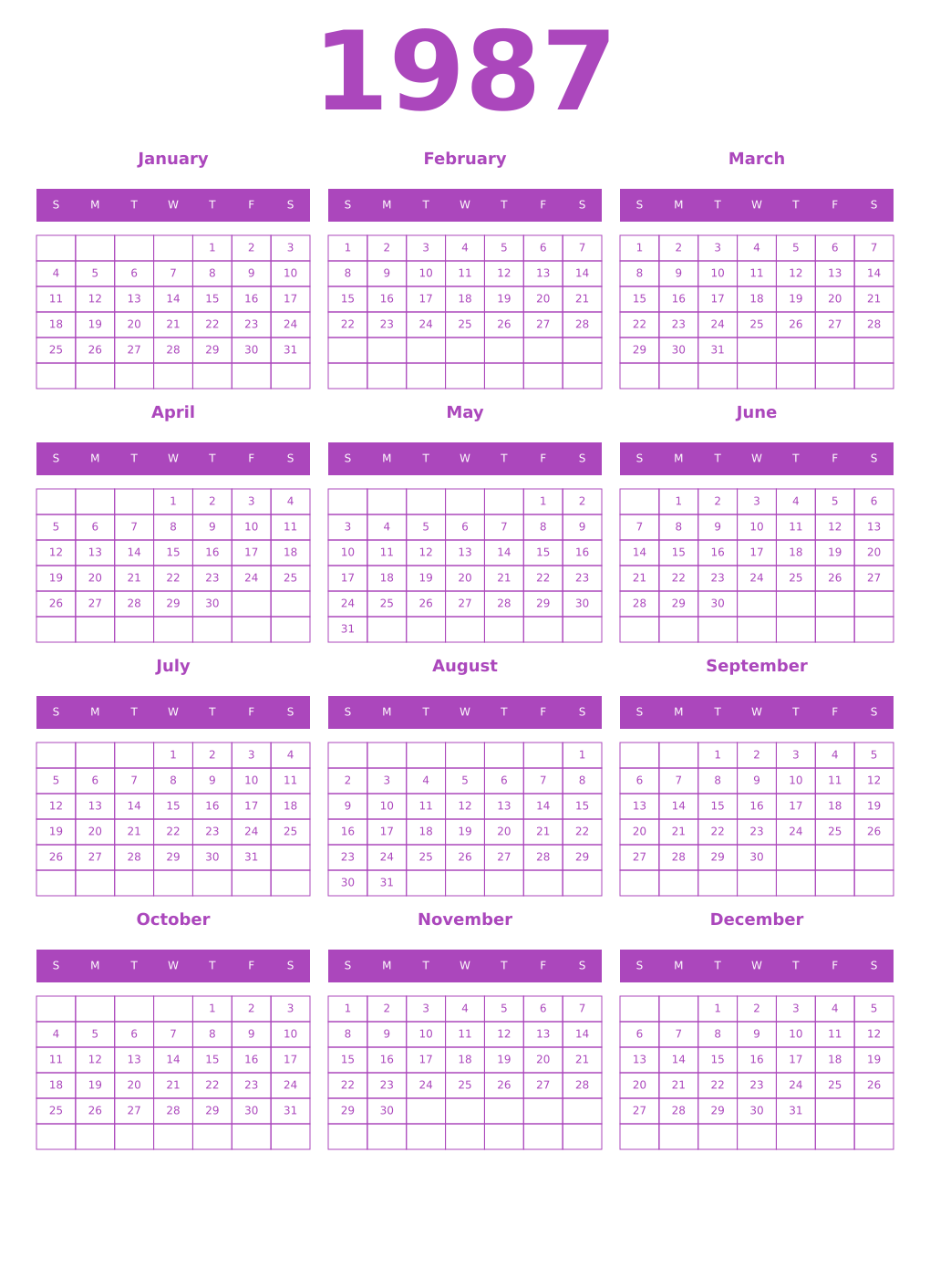 Printable 1987 Year Calendars purple