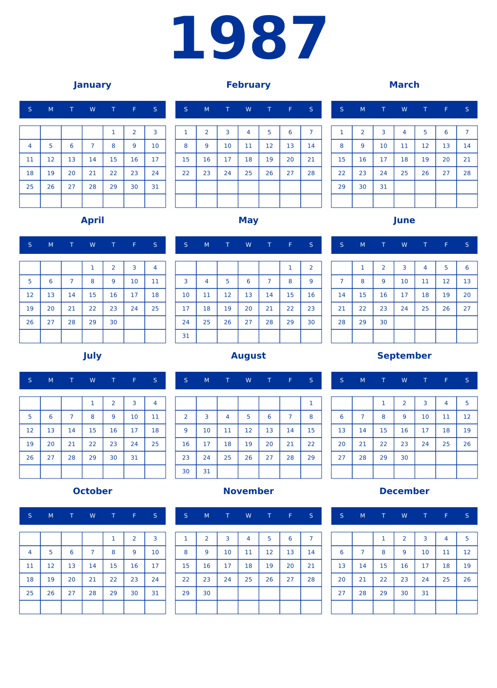 Printable 1987 Year Calendars smalt