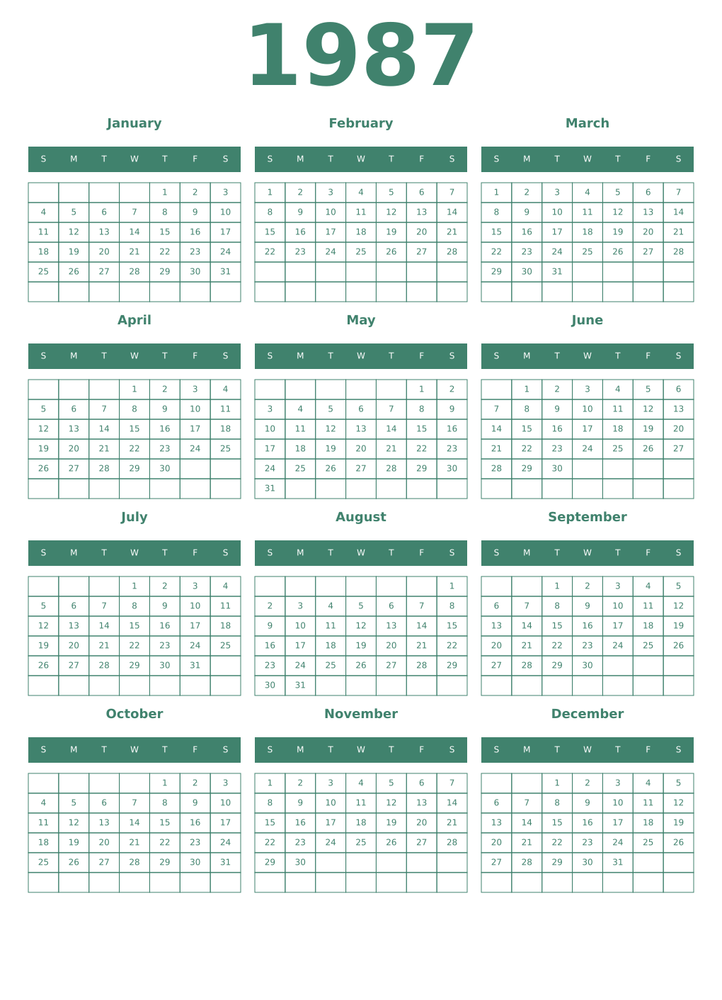 Printable 1987 Year Calendars viridian