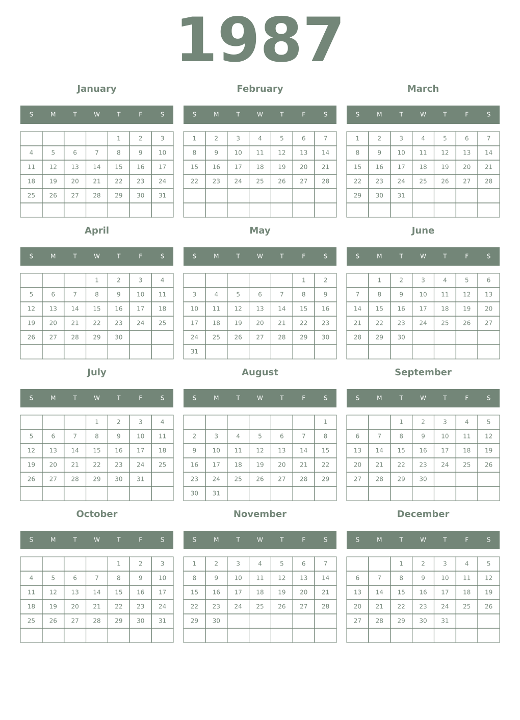 Printable 1987 Year Calendars xanadu