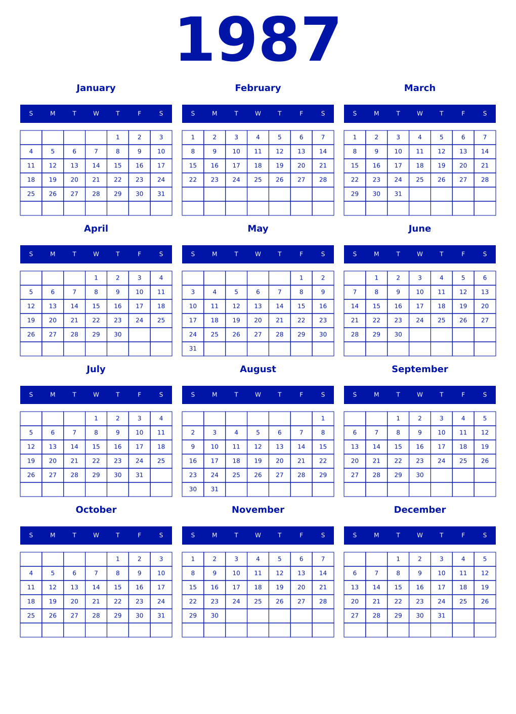 Printable 1987 Year Calendars zaffre