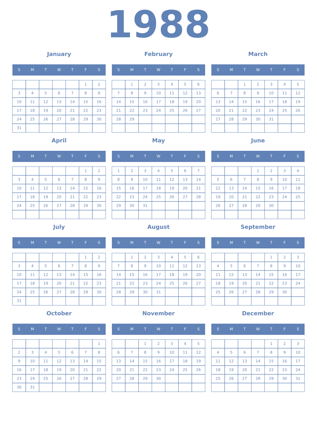 Printable 1988 Year Calendars glaucous
