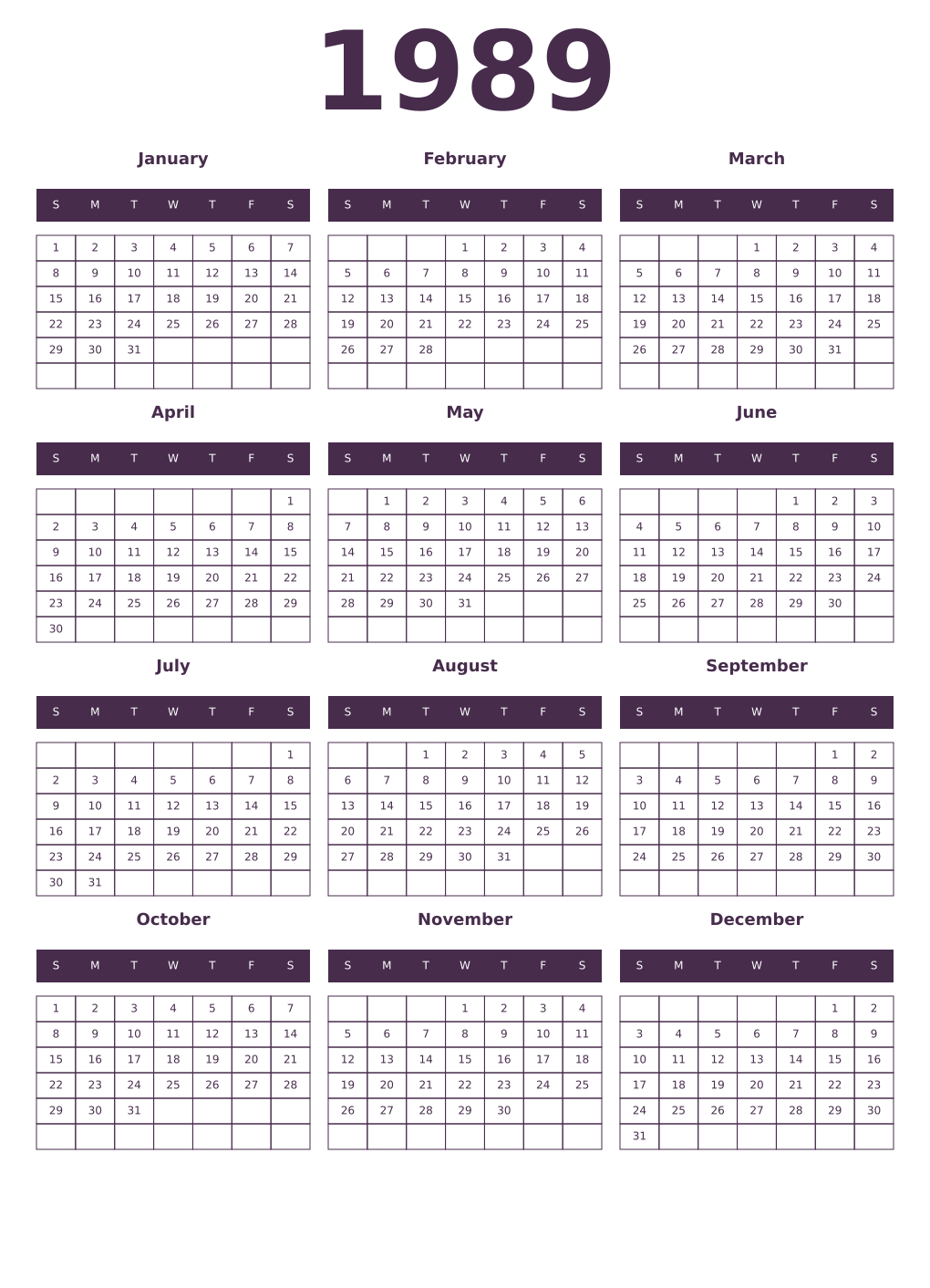 Printable 1989 Year Calendars aubergine