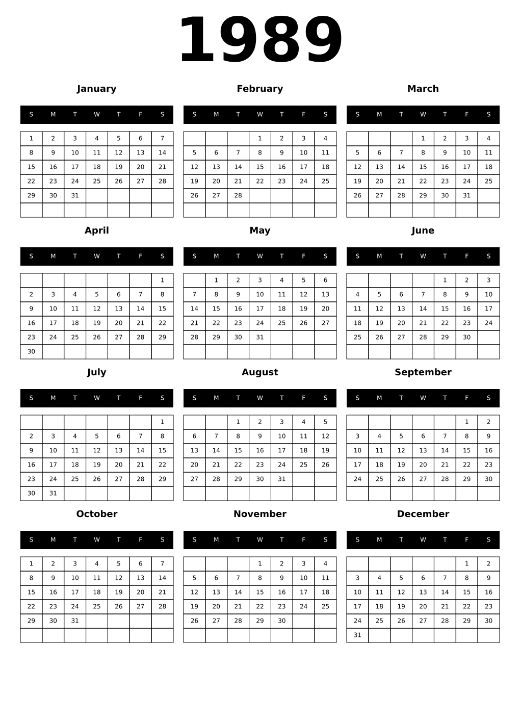 Printable 1989 Year Calendars black