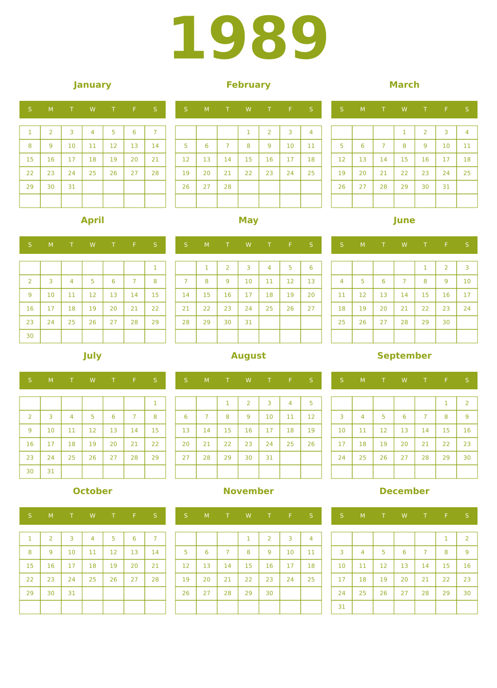 Printable 1989 Year Calendars chartreuse