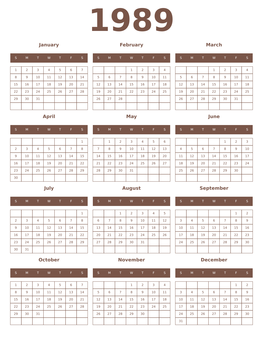 Printable 1989 Year Calendars coffe