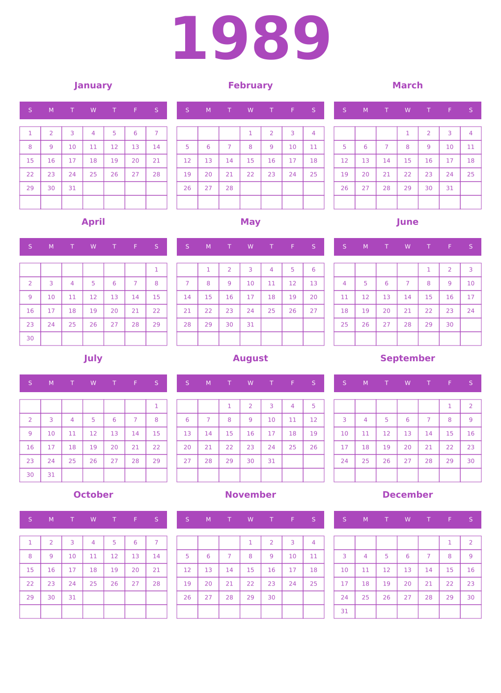 Printable 1989 Year Calendars purple