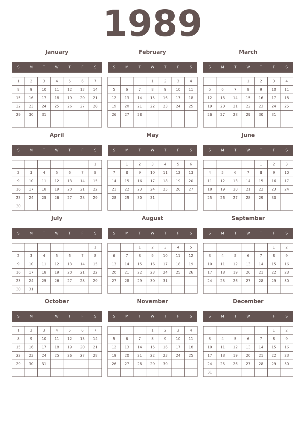 Printable 1989 Year Calendars wenge