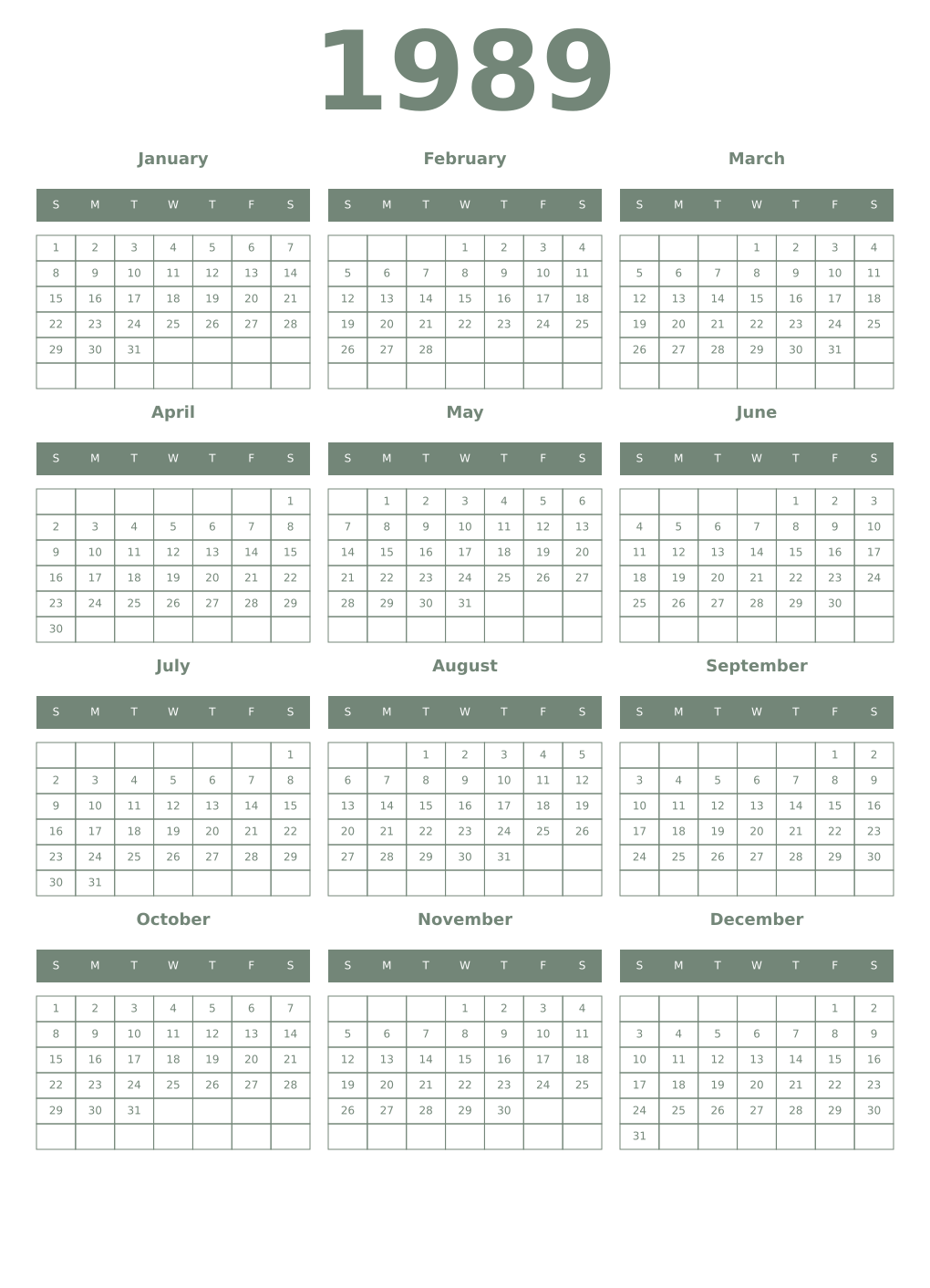 Printable 1989 Year Calendars xanadu