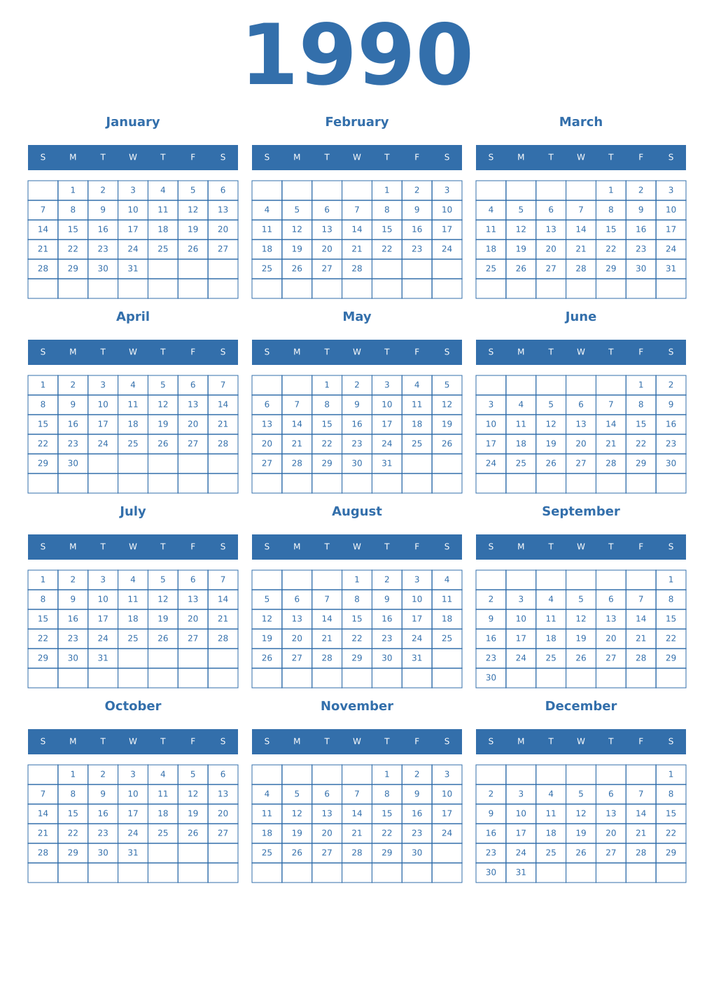 Printable 1990 Year Calendars blue