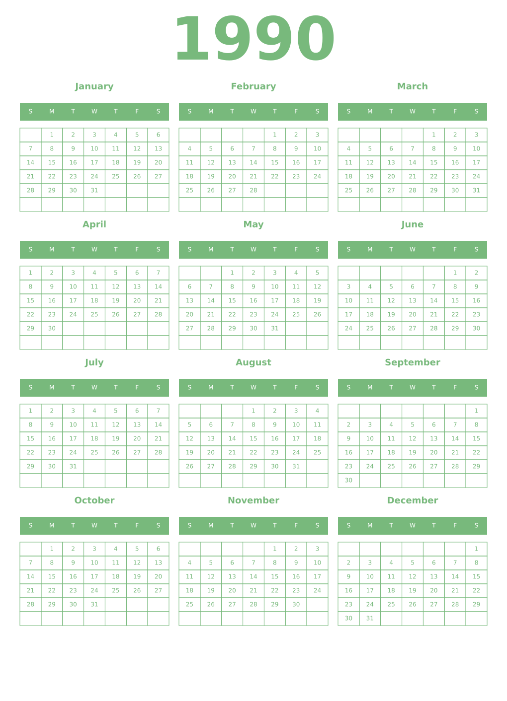 Printable 1990 Year Calendars celadon