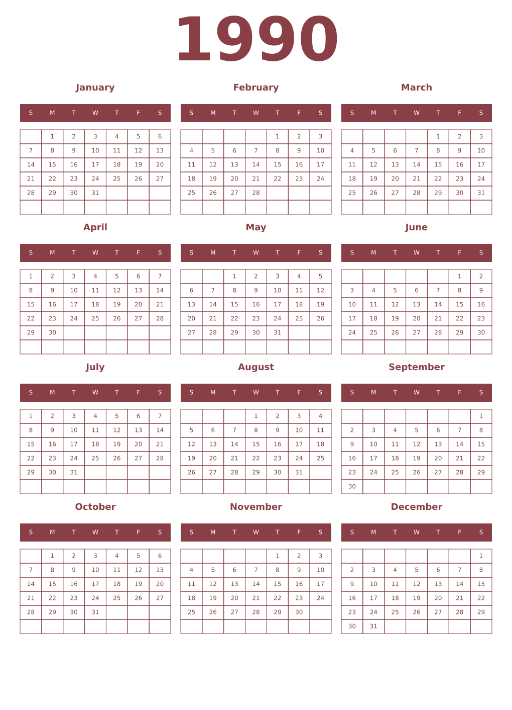 Printable 1990 Year Calendars cordovan