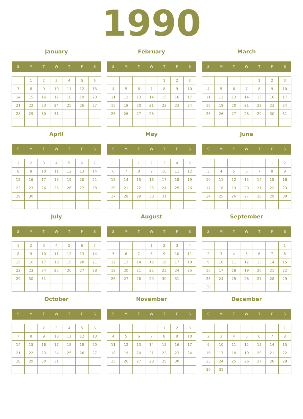 Printable 1990 Year Calendars eburnean