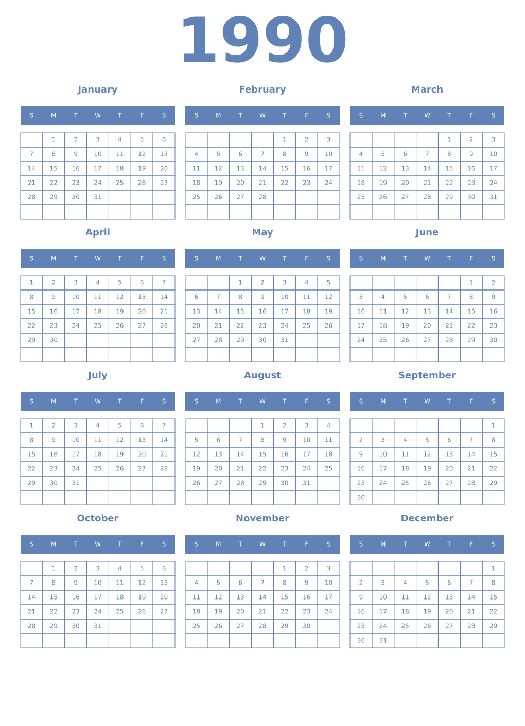 Printable 1990 Year Calendars glaucous