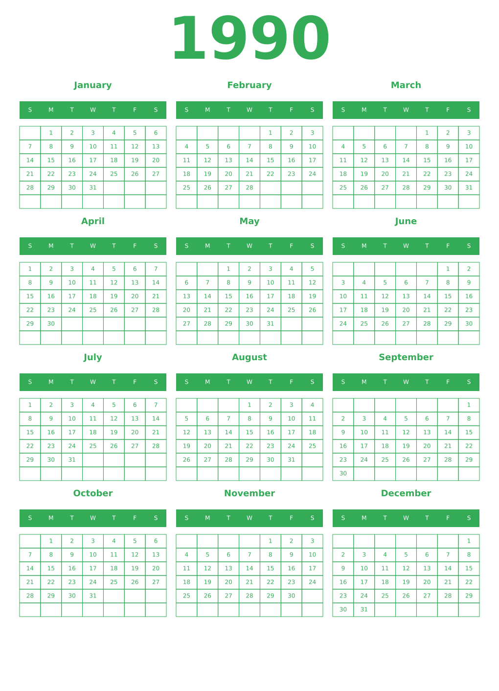 Printable 1990 Year Calendars green