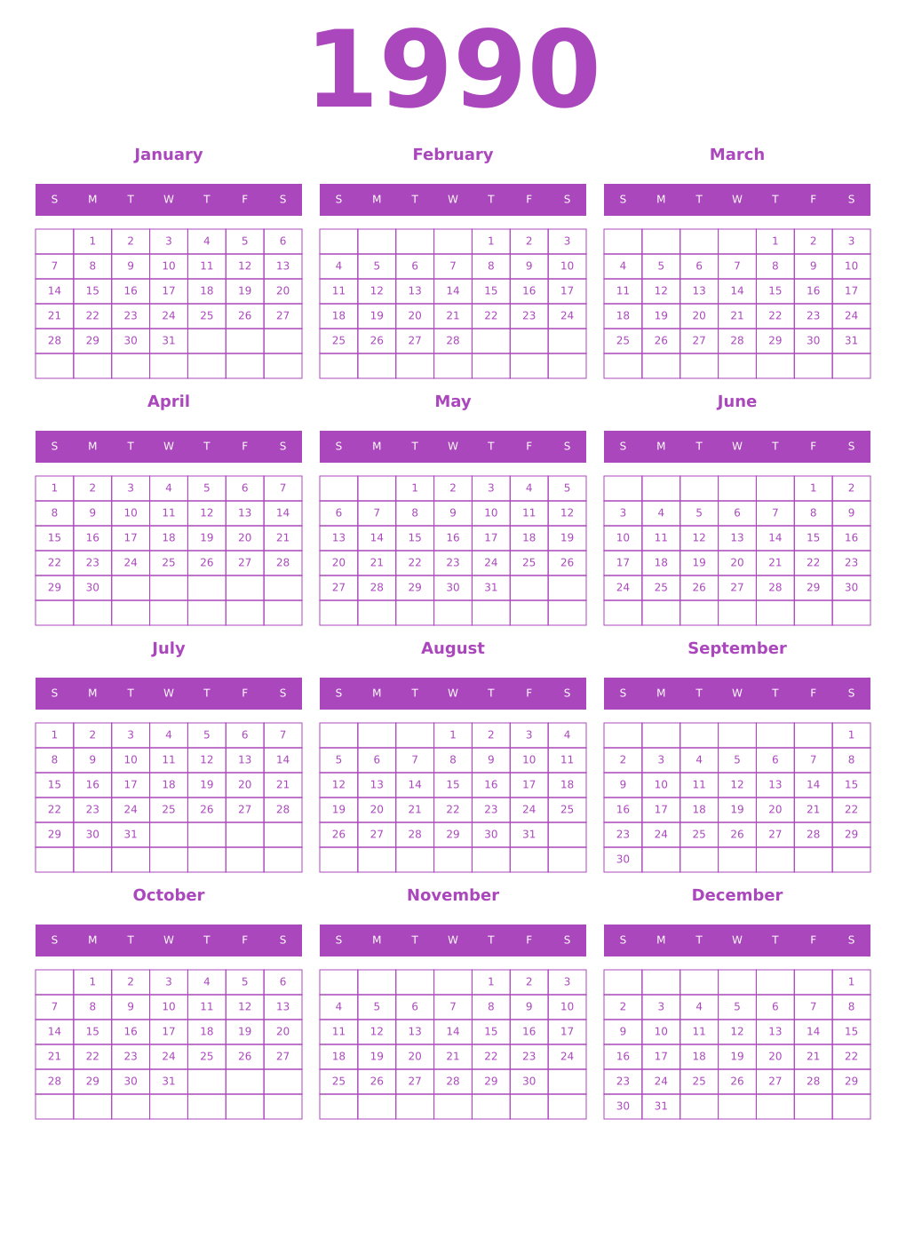 Printable 1990 Year Calendars purple