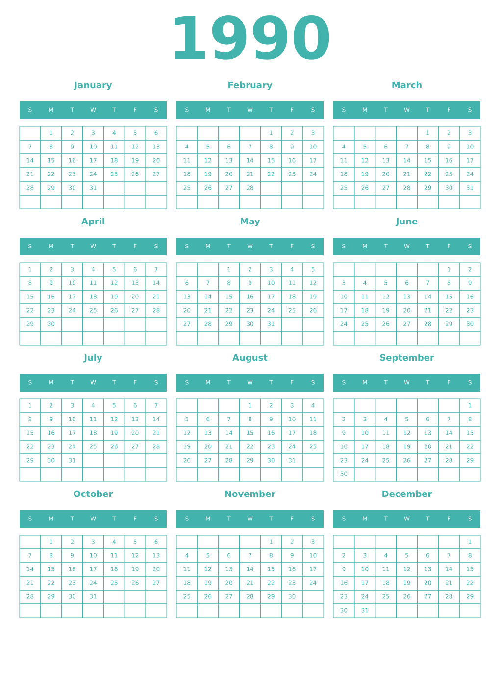 Printable 1990 Year Calendars verdigris