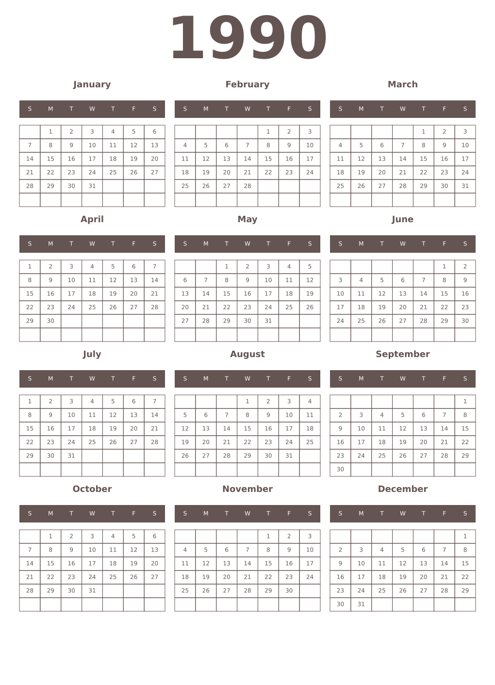 Printable 1990 Year Calendars wenge
