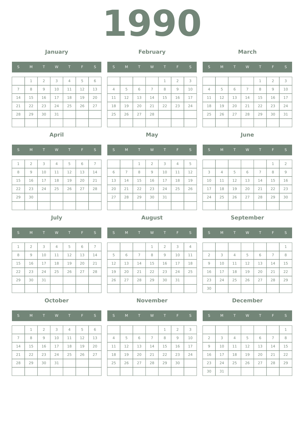 Printable 1990 Year Calendars xanadu