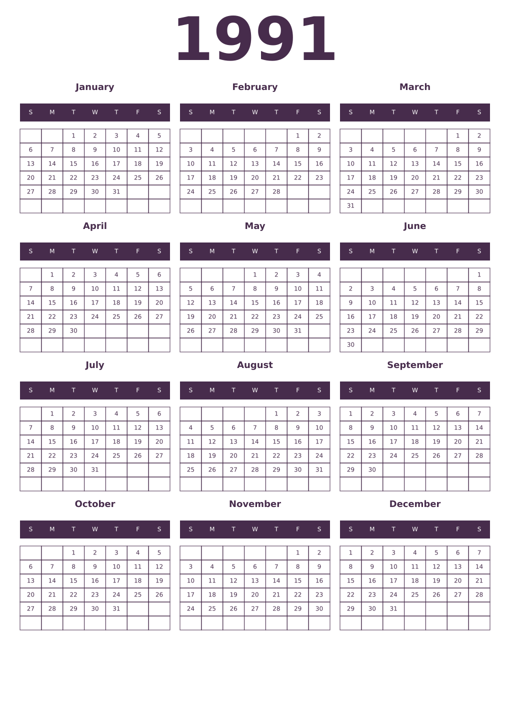 Printable 1991 Year Calendars aubergine