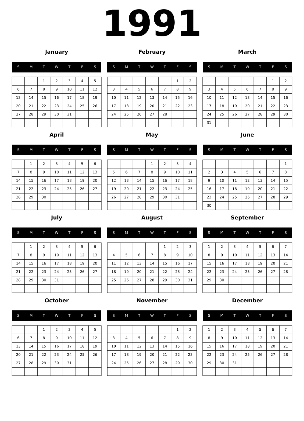 Printable 1991 Year Calendars black