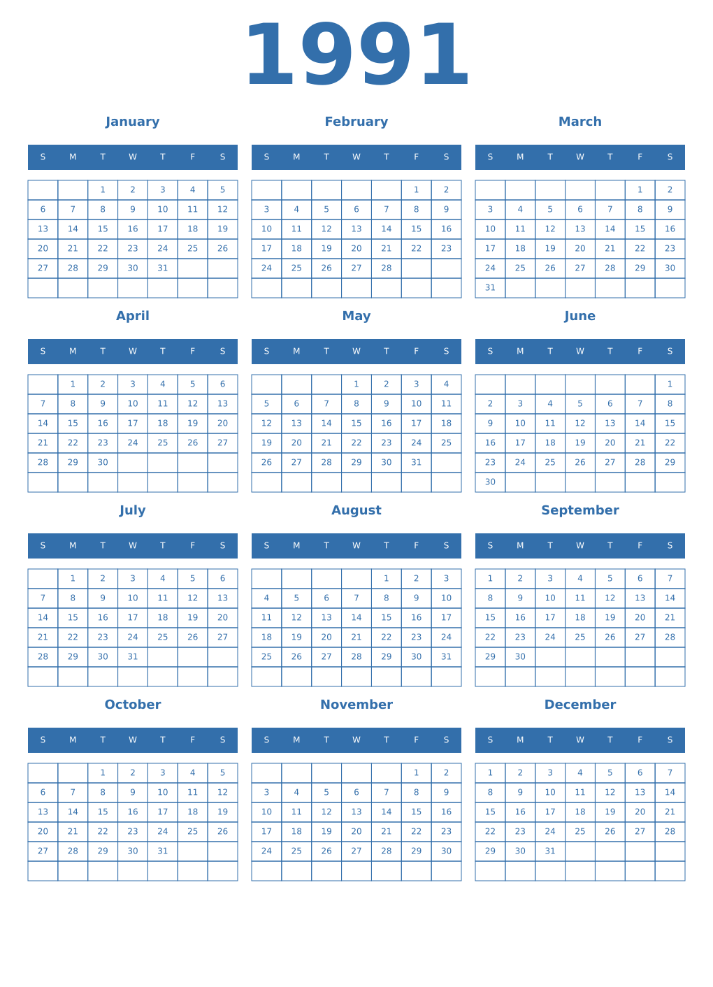 Printable 1991 Year Calendars blue