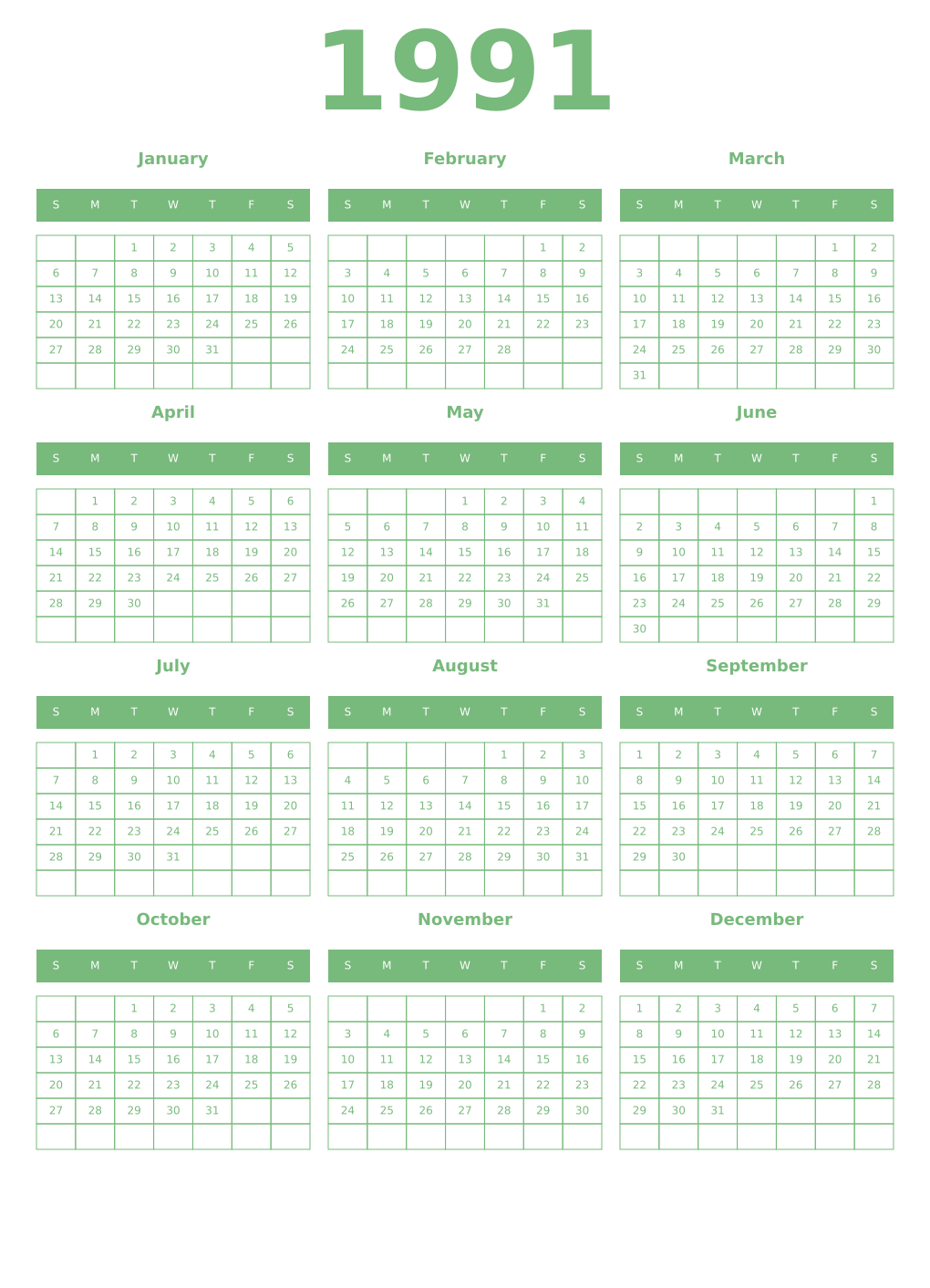 Printable 1991 Year Calendars celadon