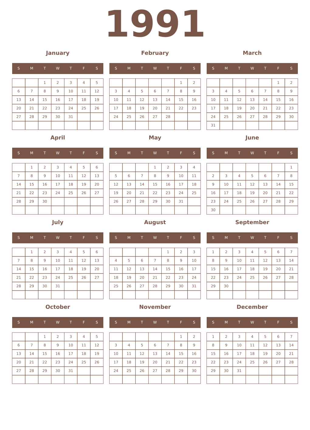 Printable 1991 Year Calendars coffe