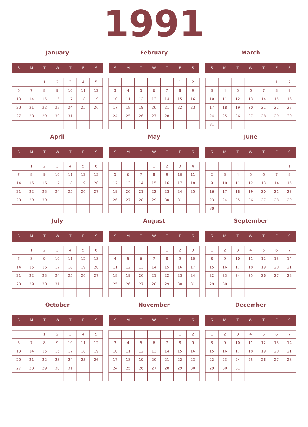 Printable 1991 Year Calendars cordovan