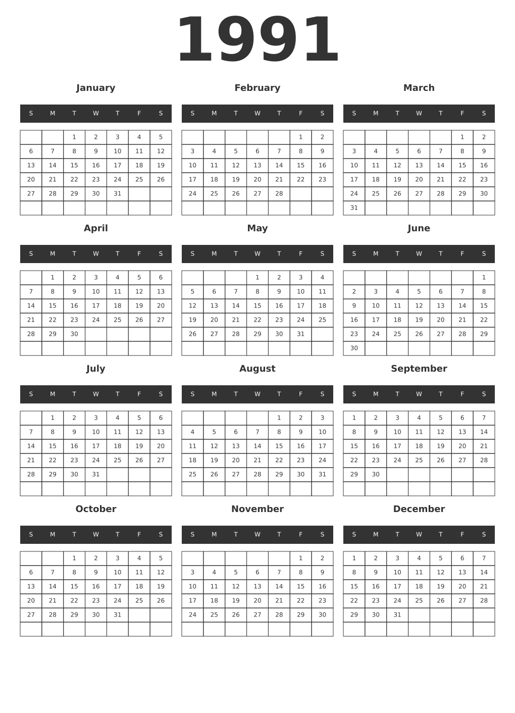 Printable 1991 Year Calendars dark