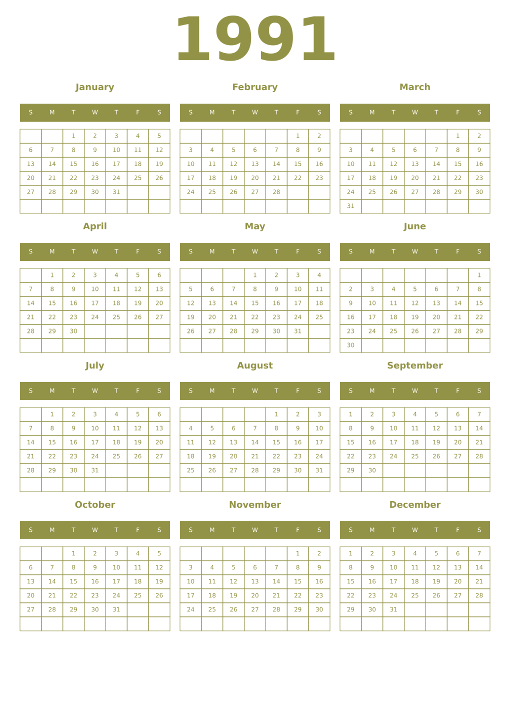 Printable 1991 Year Calendars eburnean