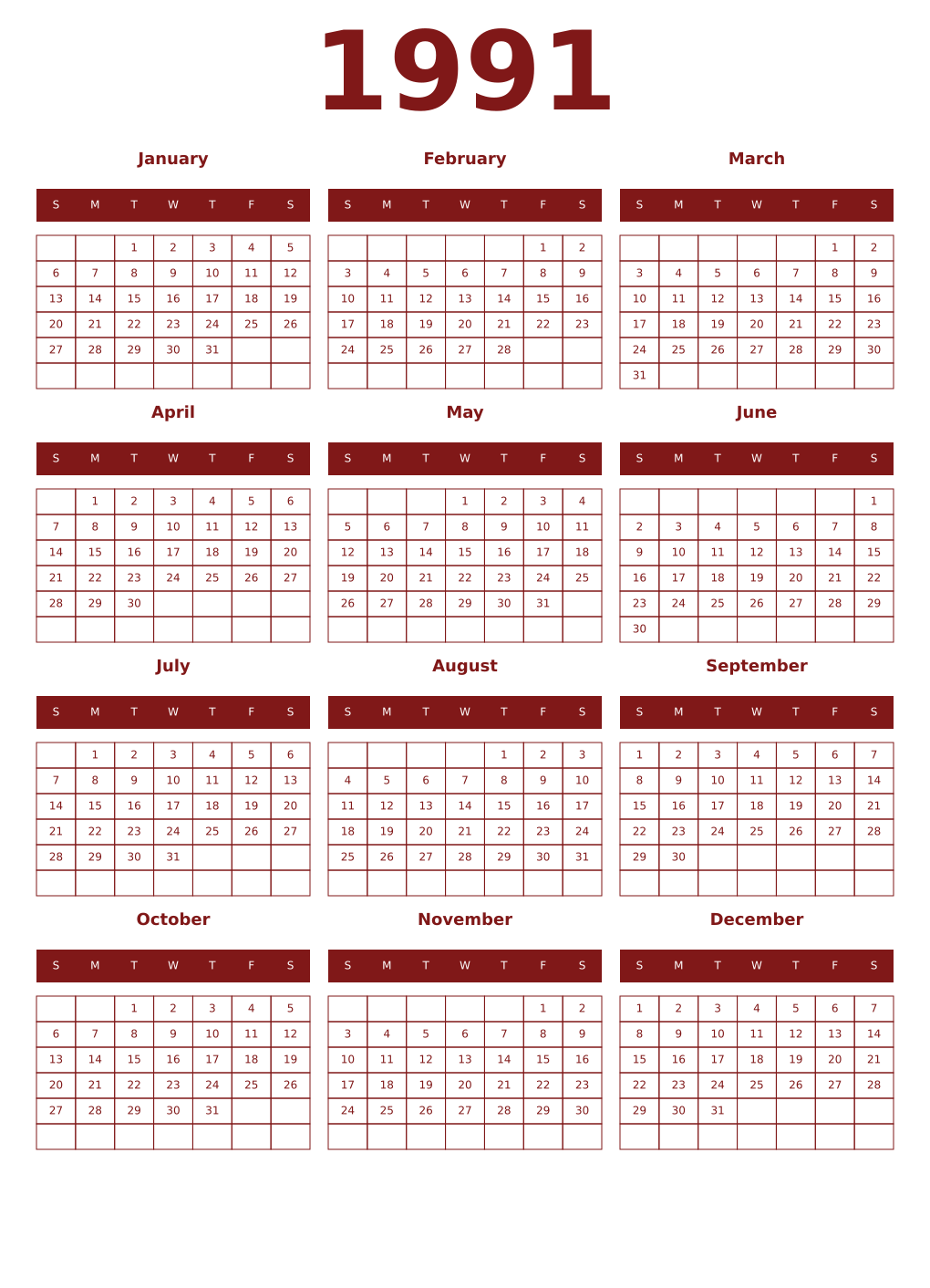 Printable 1991 Year Calendars falu