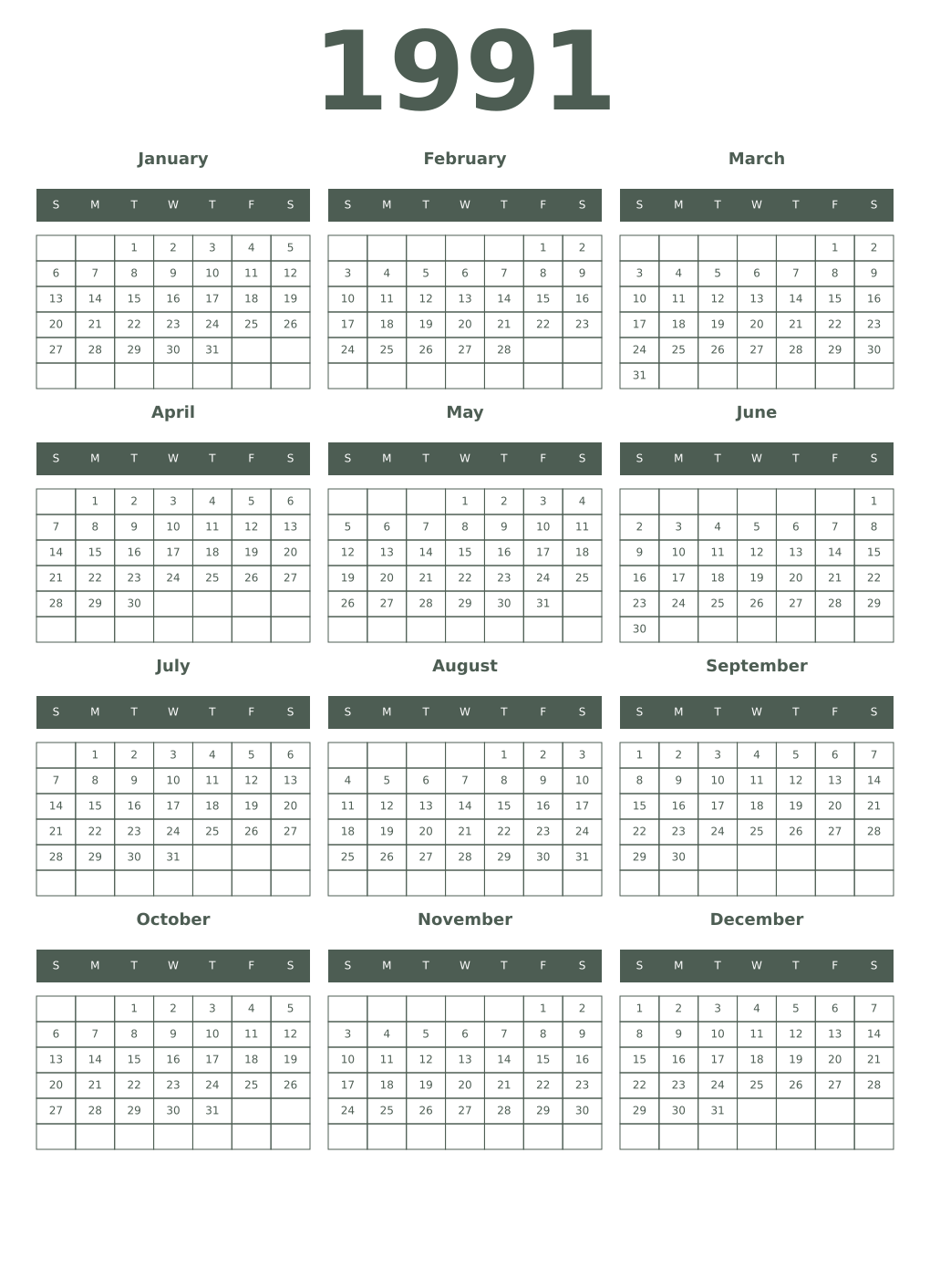 Printable 1991 Year Calendars feldgrau