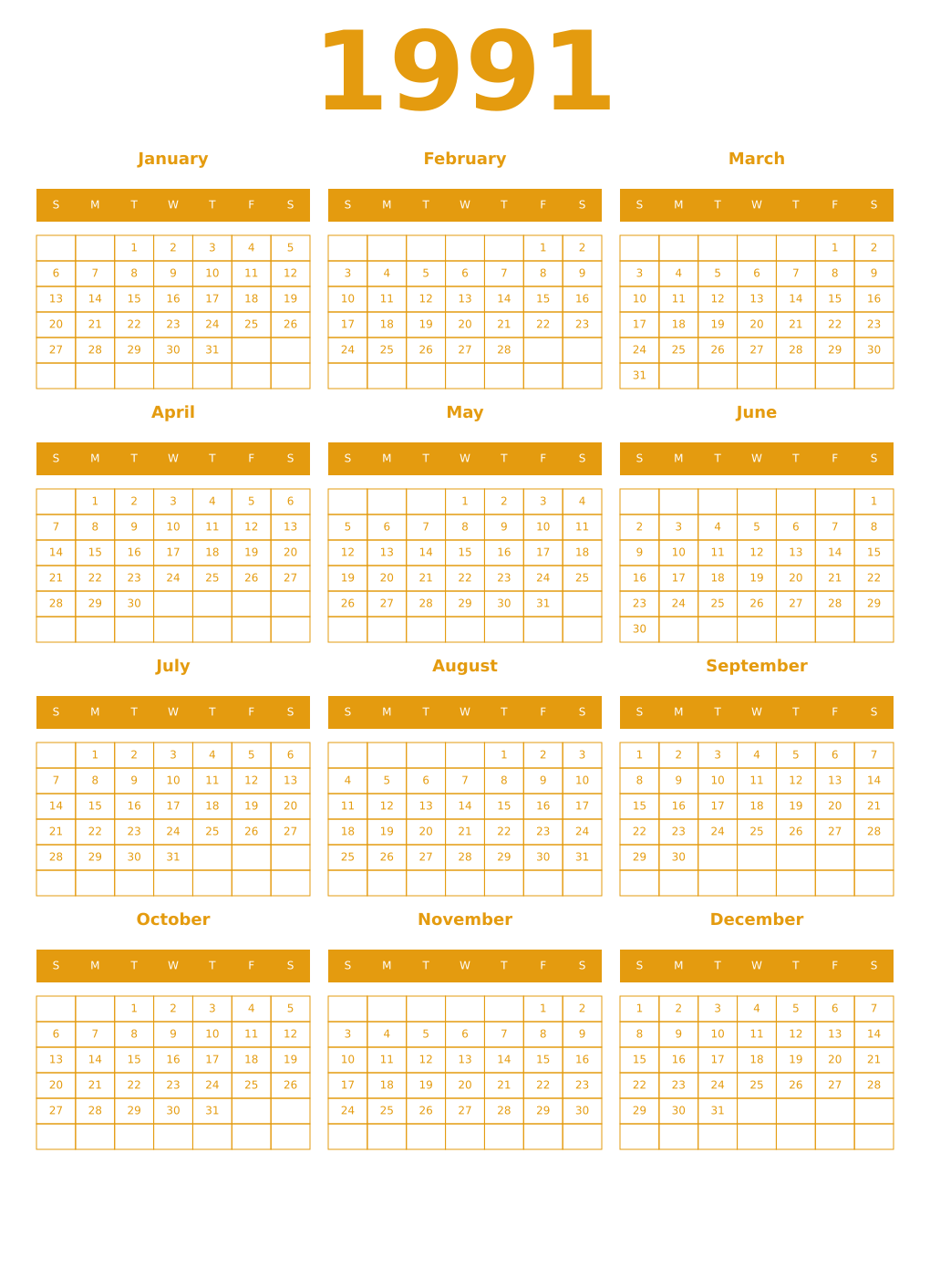 Printable 1991 Year Calendars gamboge