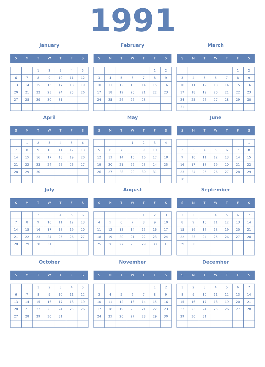 Printable 1991 Year Calendars glaucous
