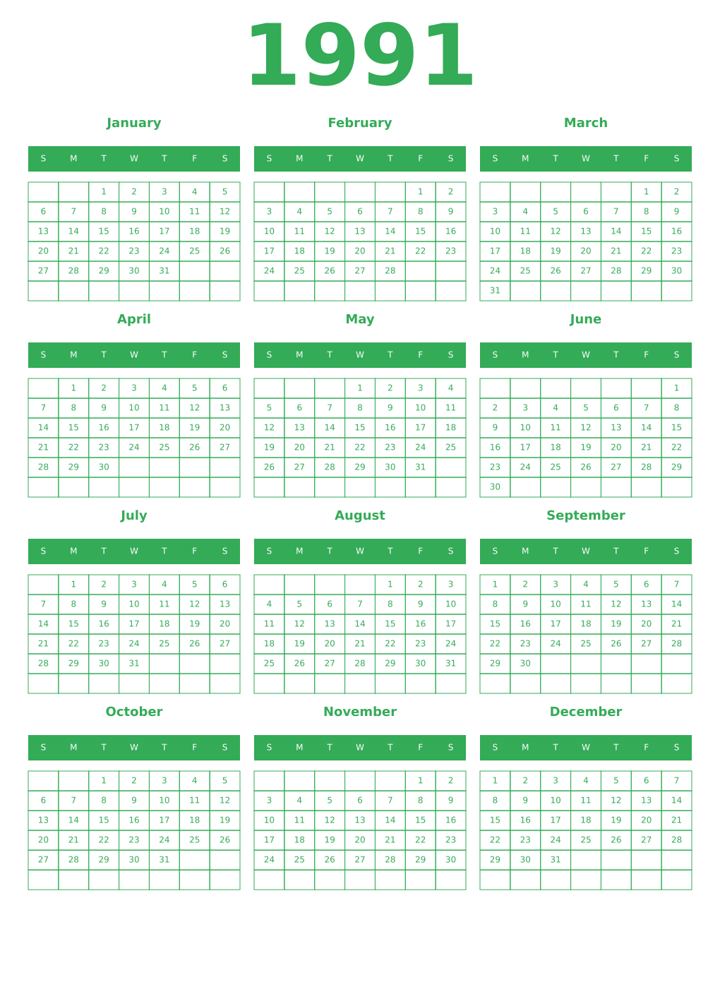 Printable 1991 Year Calendars green