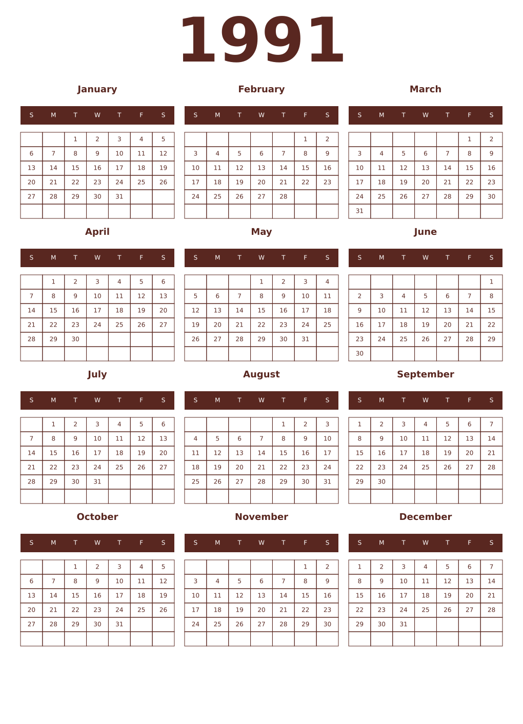 Printable 1991 Year Calendars mortuum
