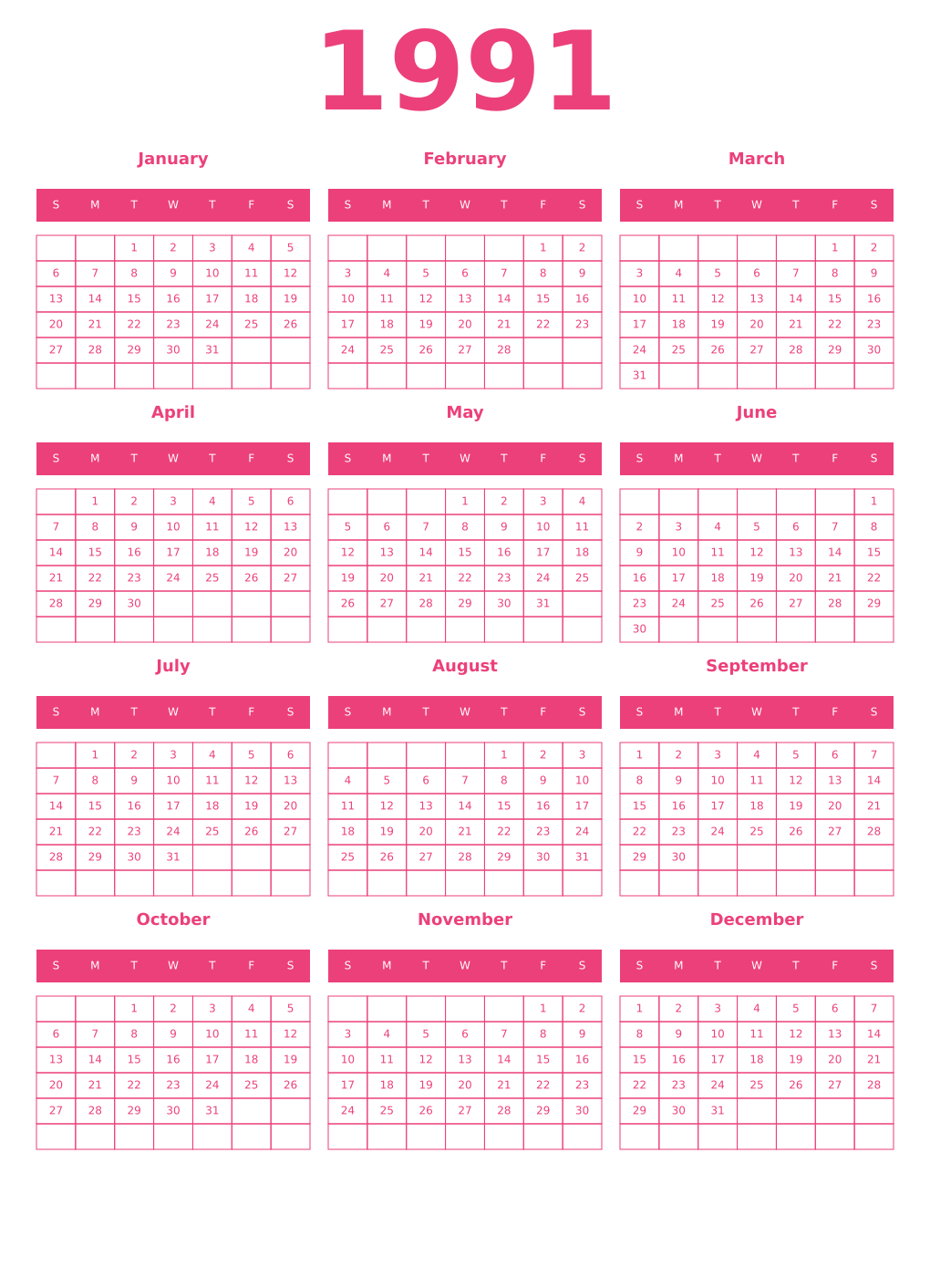 Printable 1991 Year Calendars pink