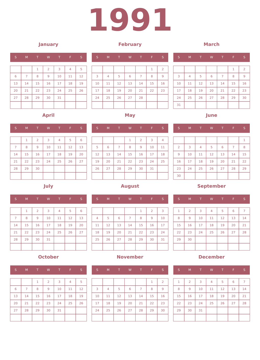 Printable 1991 Year Calendars puce