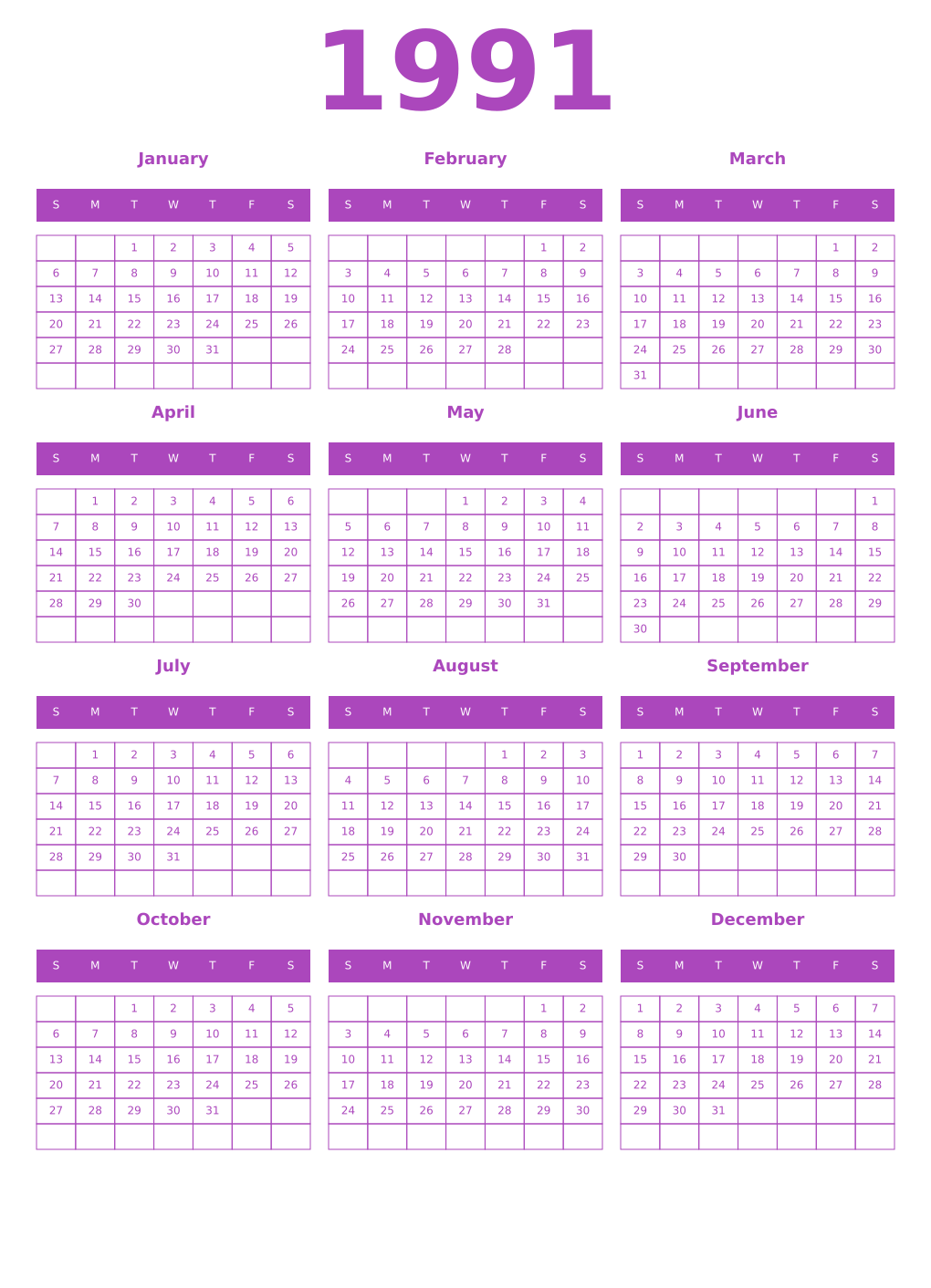 Printable 1991 Year Calendars purple