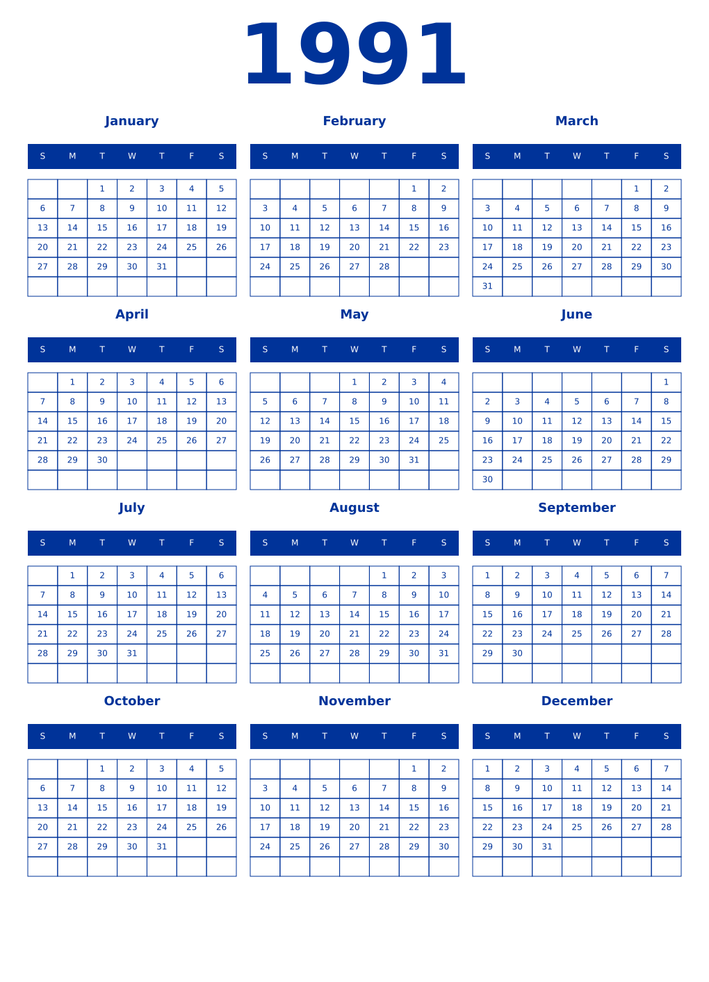 Printable 1991 Year Calendars smalt