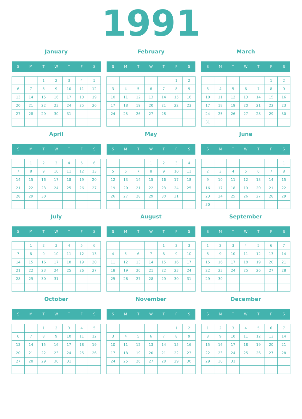 Printable 1991 Year Calendars verdigris