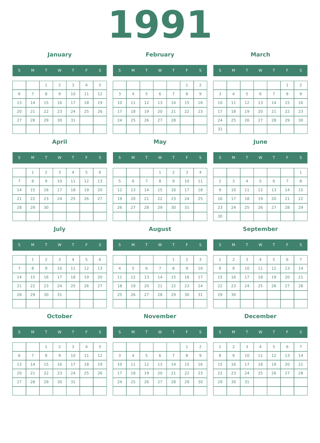 Printable 1991 Year Calendars viridian