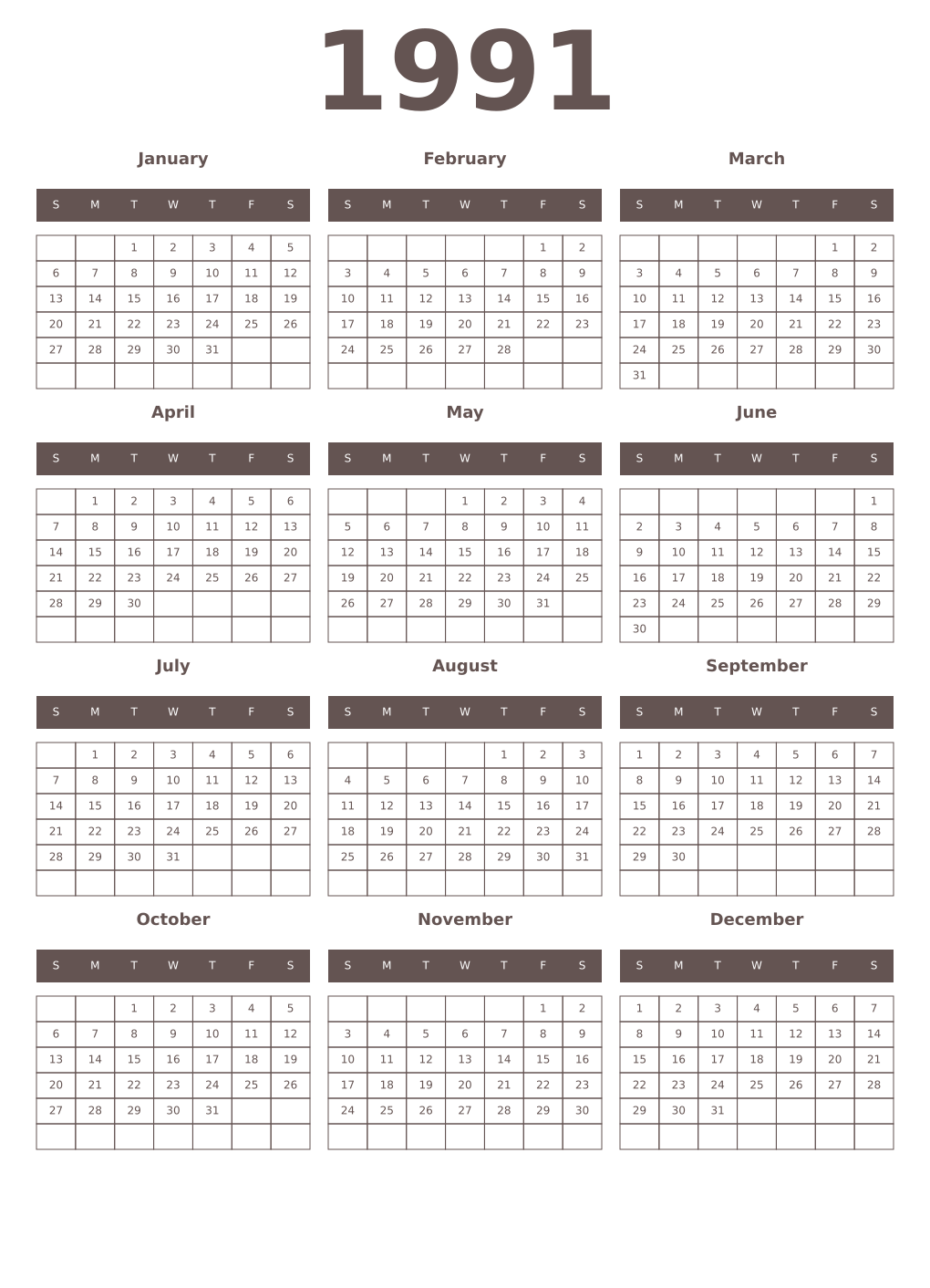 Printable 1991 Year Calendars wenge