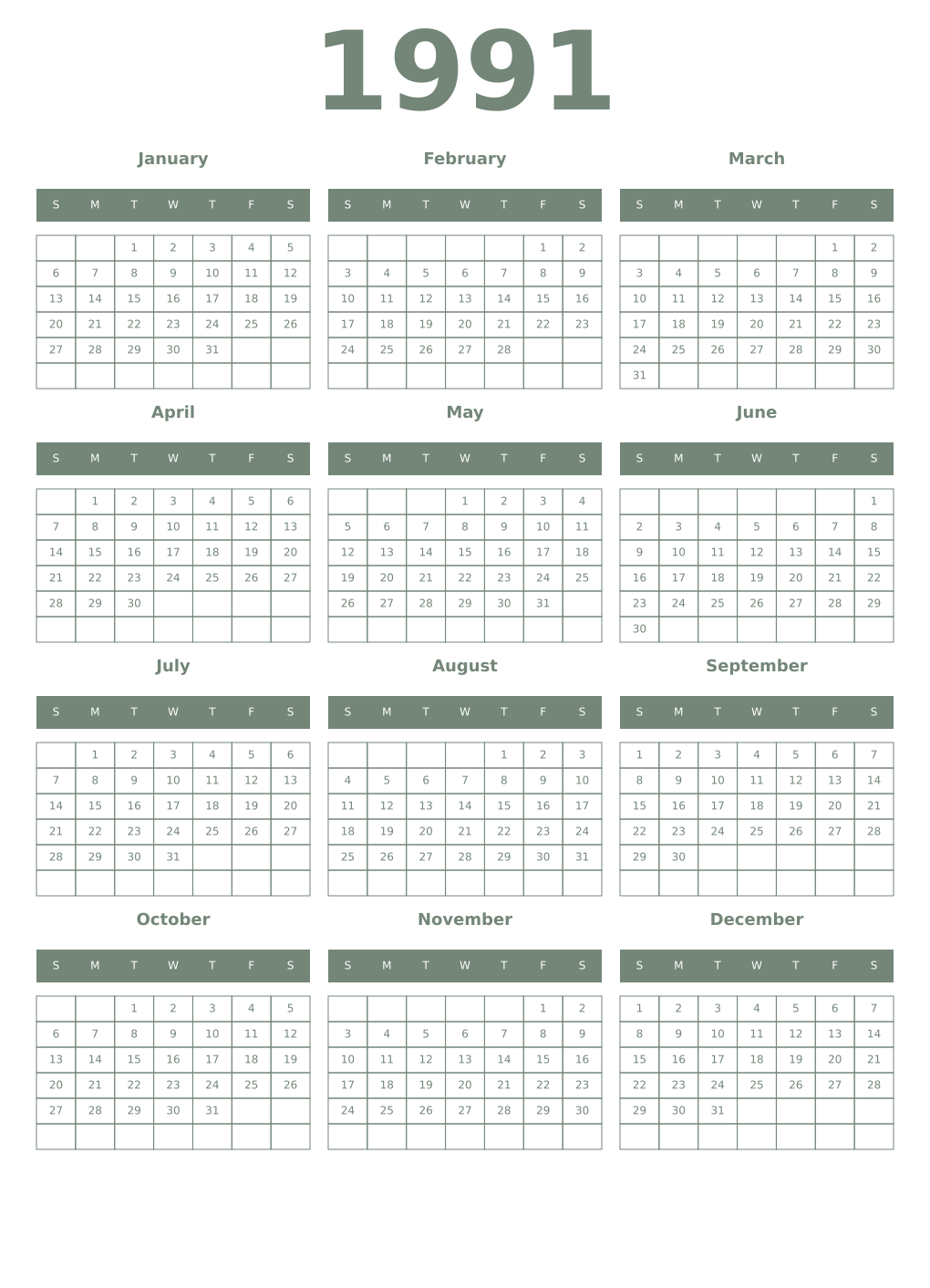 Printable 1991 Year Calendars xanadu