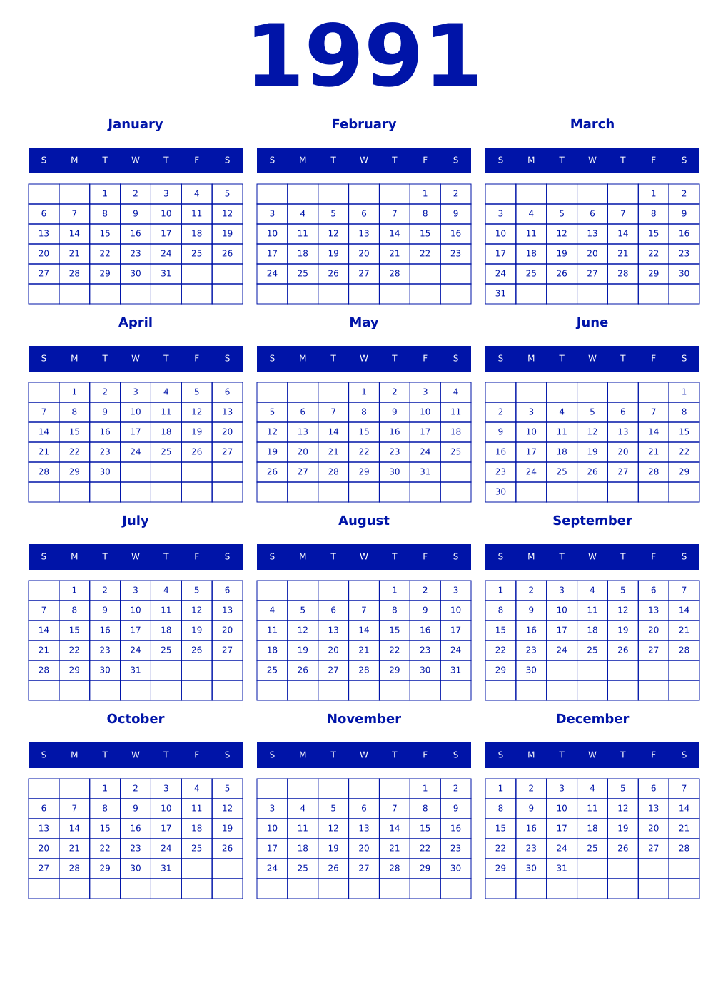 Printable 1991 Year Calendars zaffre