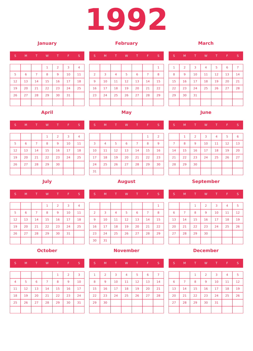 Printable 1992 Year Calendars amaranth