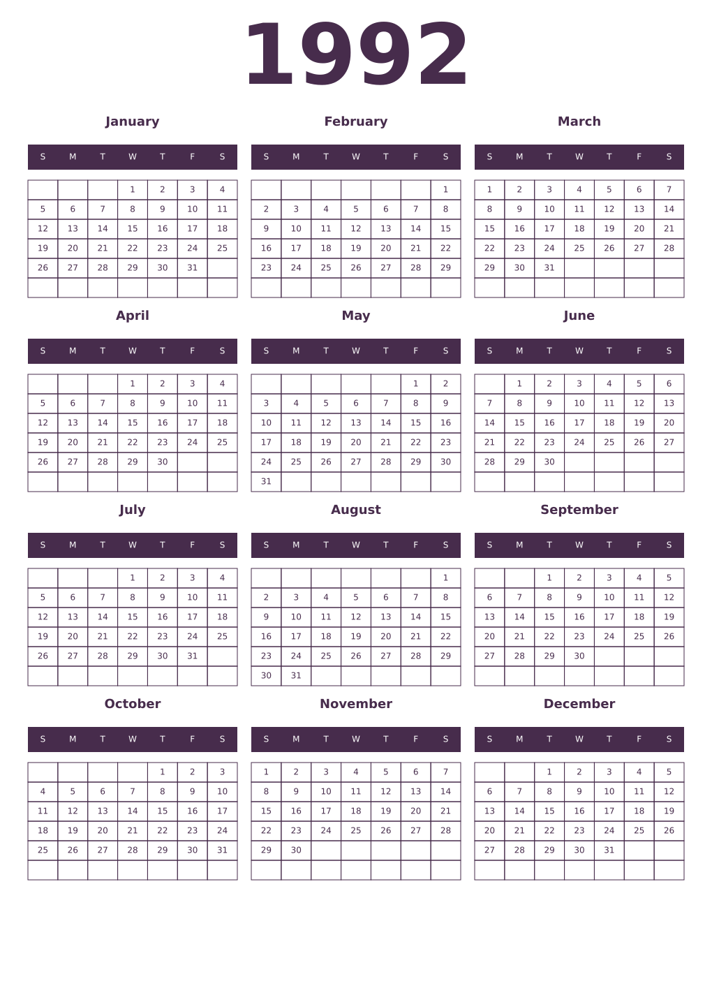 Printable 1992 Year Calendars aubergine