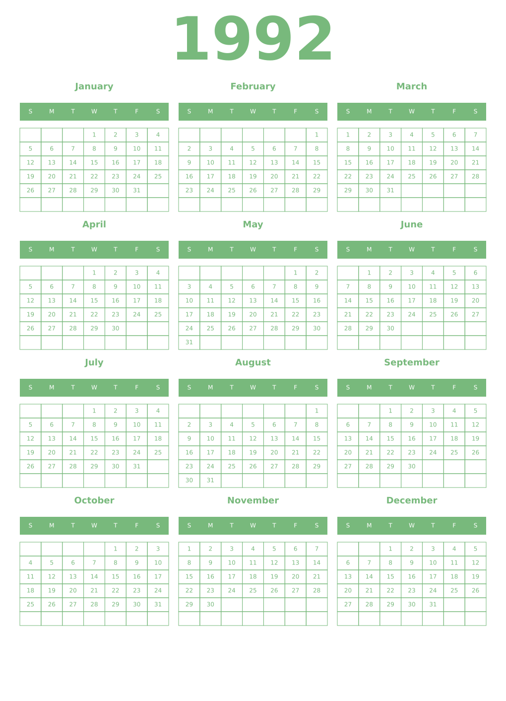 Printable 1992 Year Calendars celadon